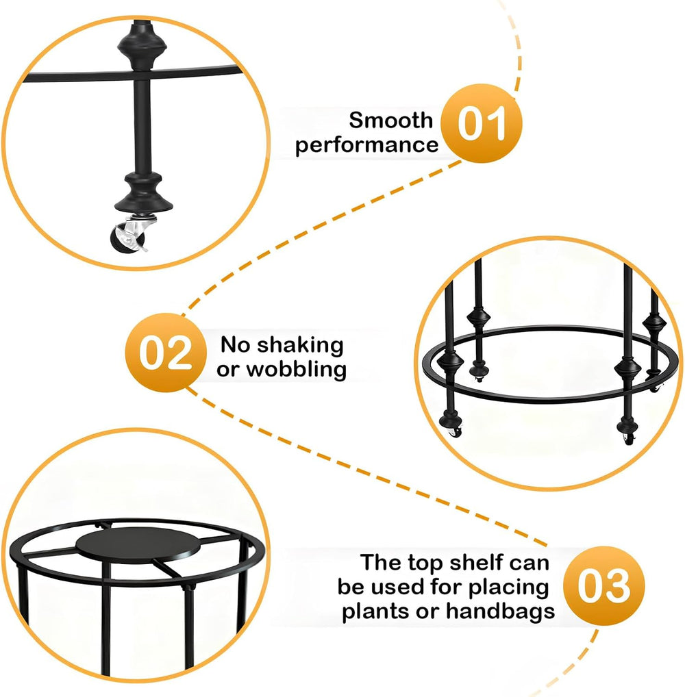 27.5x51in Round Garment Rack, Rolling with Topper, 360 Rotating, Black