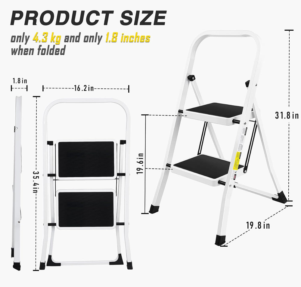 2 Step Stool, Folding Step Stool - Capacity with Wide Anti-Slip Pedal