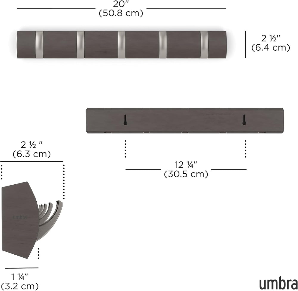 Umbra Flip Coat Rack, Wall Mounted 5-Hook Space Saving, Driftwood/Nickel