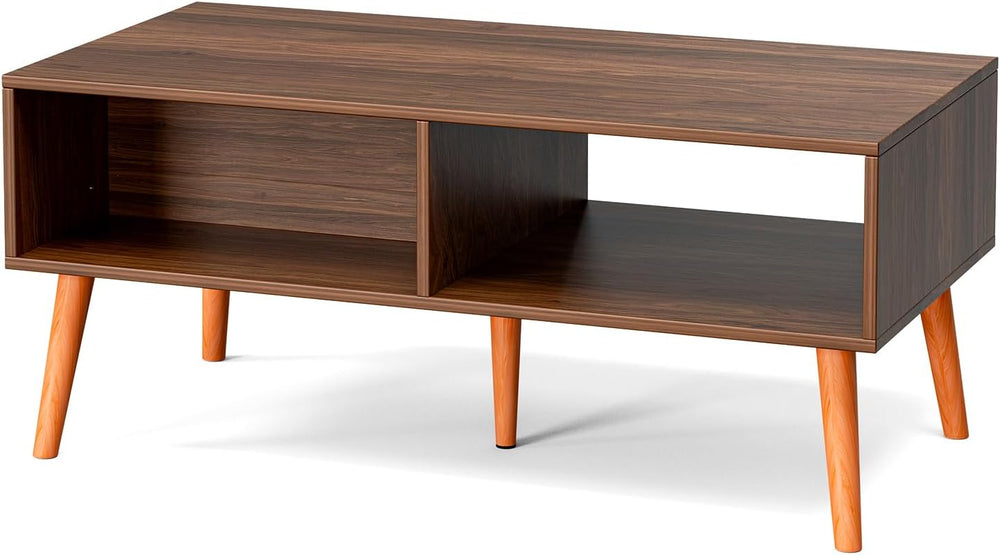 ZttRiee Rattan Coffee Table with Drawer, Mid-Century, Walnut