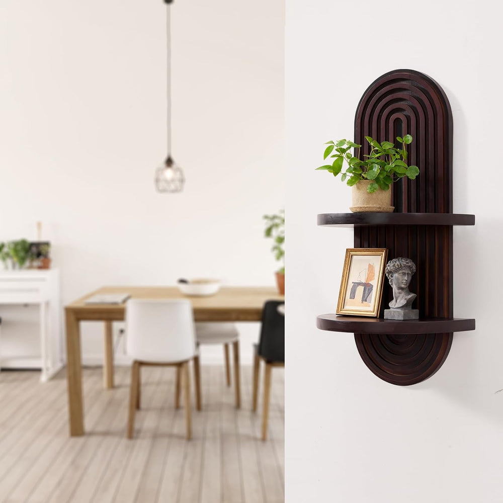 Wood Arched Floating Wall Shelf, Modern Wall Art Trinket Shelf Dark Brown