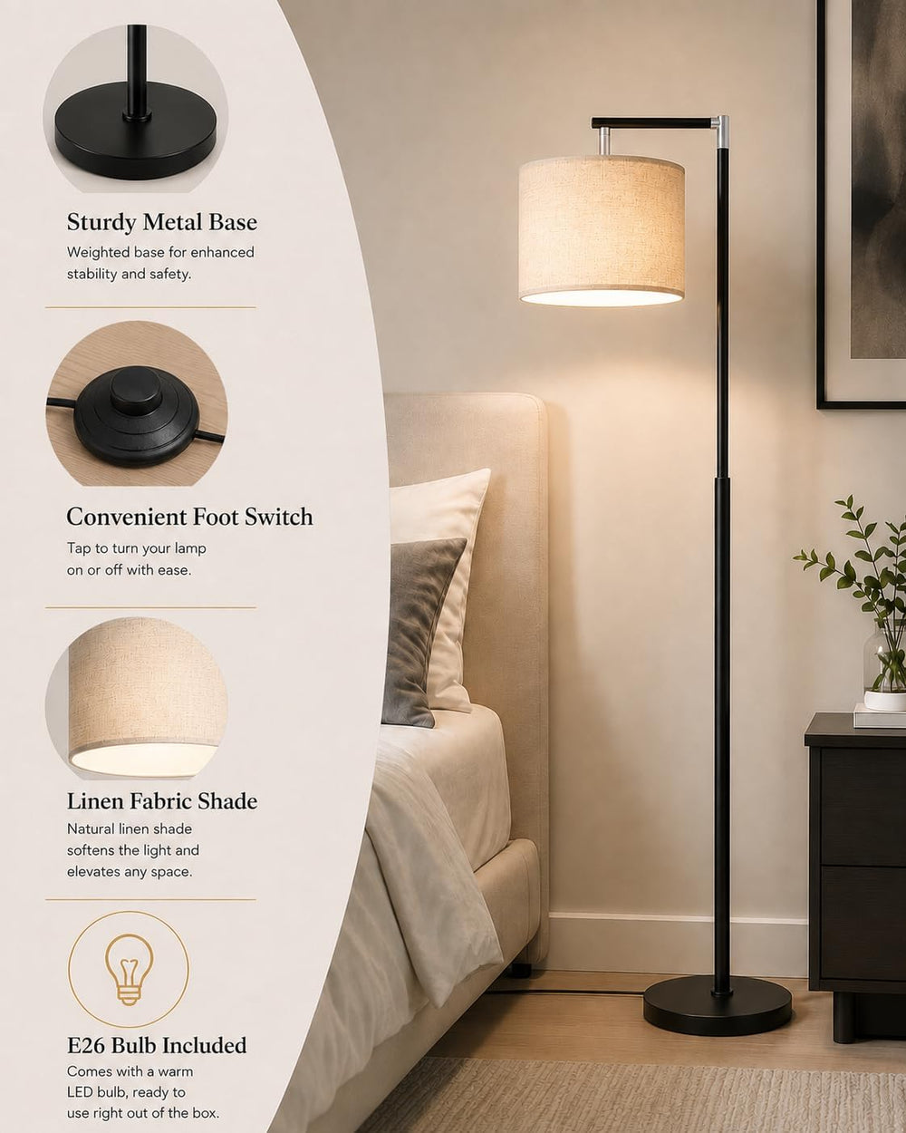 GERGO Modern Arc Floor Lamp for Living Room, Adjustable Linen Shade, Black