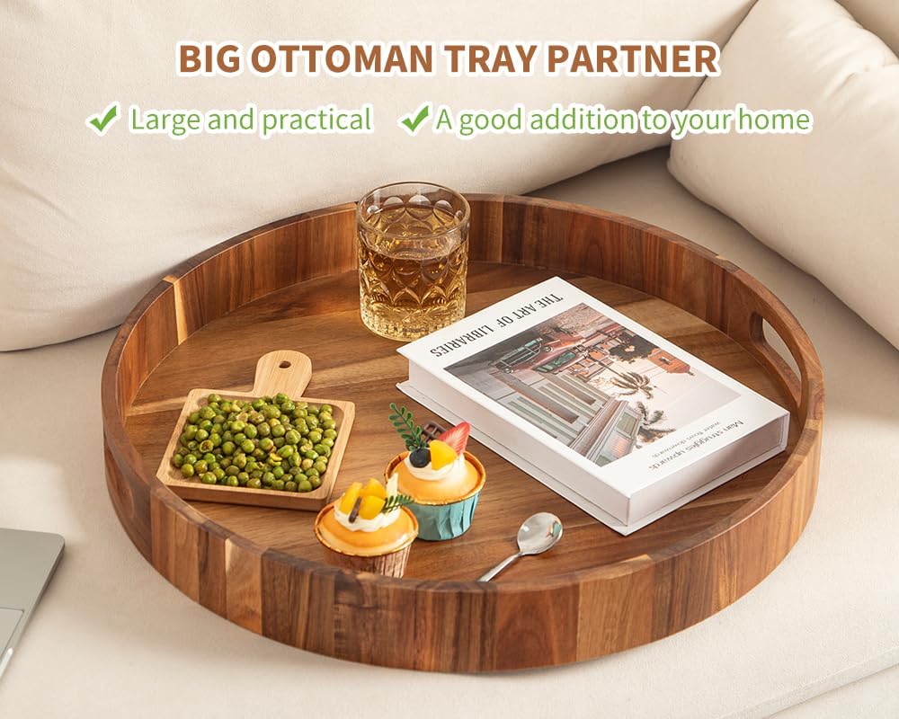 Extra Large Round Ottoman Coffee Table Tray, 22" Big Kitchen Serving Tra...