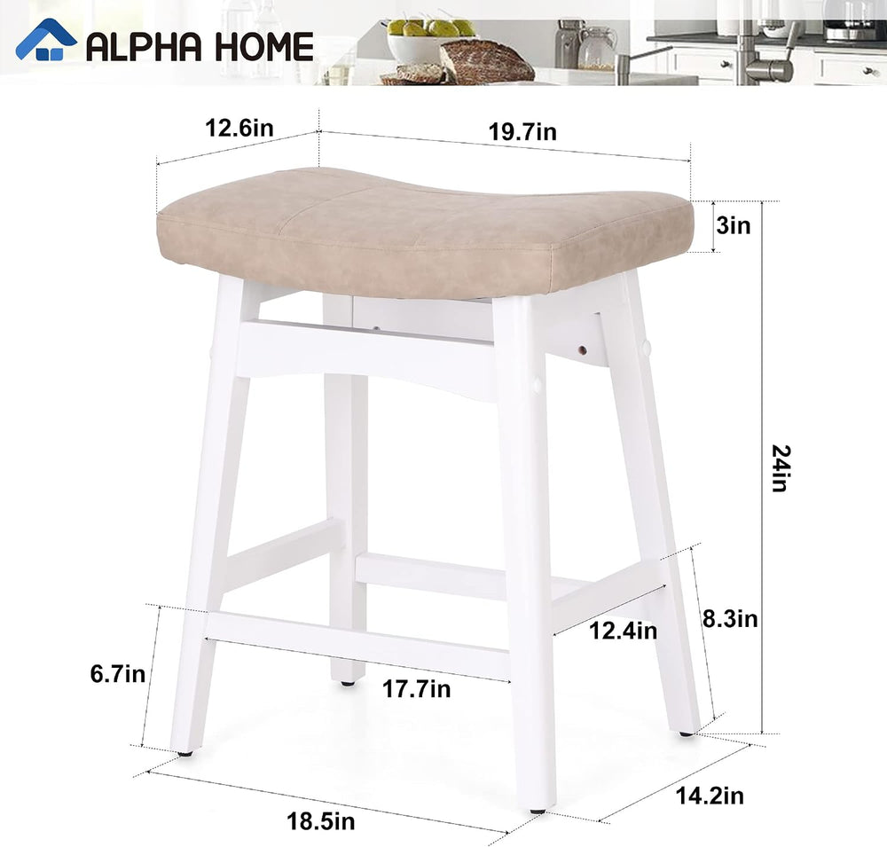 ALPHA HOME 24 Inch Bar Stools Set of 2, Solid Wood Saddle Kitchen Stools