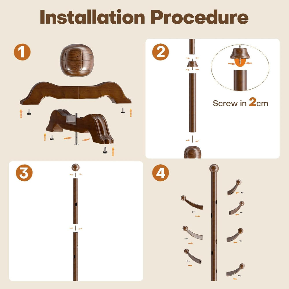 Wooden Coat Rack, 7 Hooks Freestanding Wood Coat Tree Rack with Stable Base