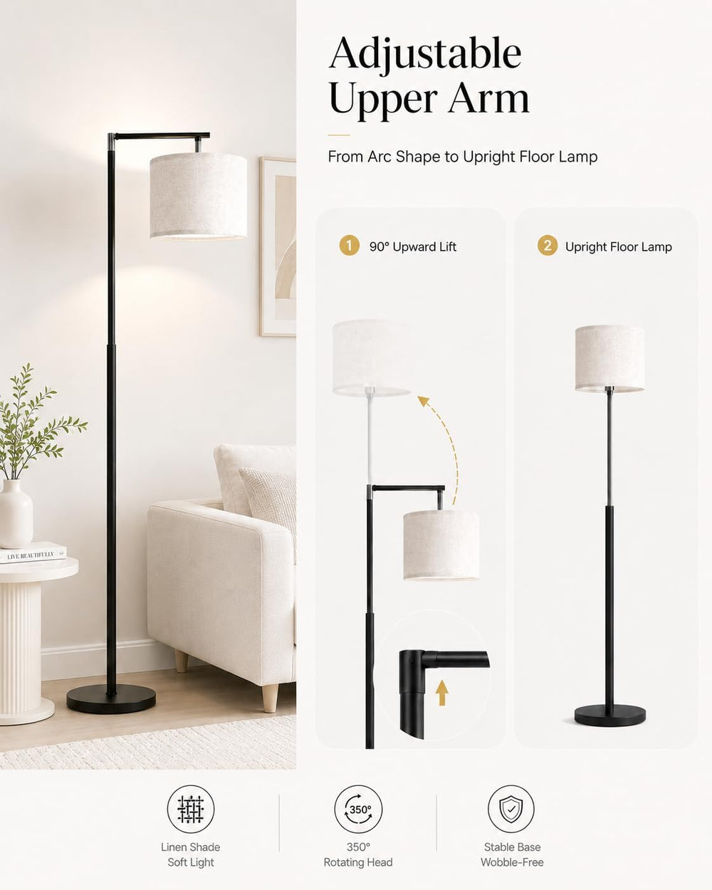 GERGO Modern Arc Floor Lamp for Living Room, Adjustable Linen Shade, Black