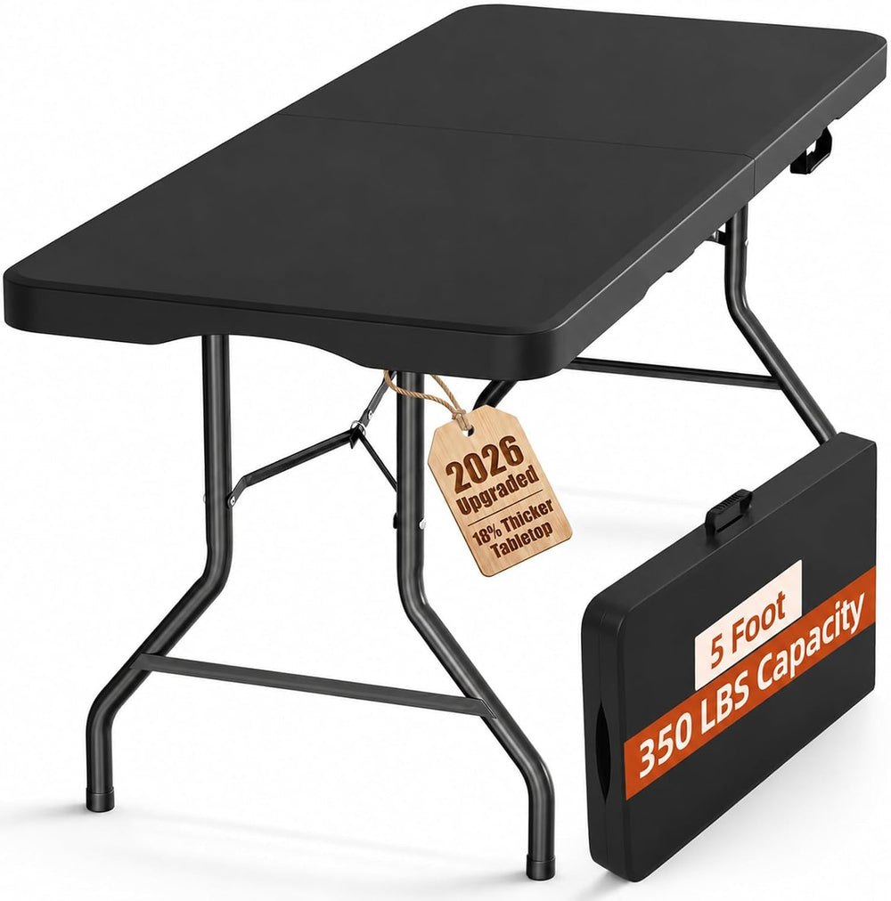 Fenbeli 5FT Folding Table, Upgraded 18% Thickened HDPE Top, 350 LBS, Black