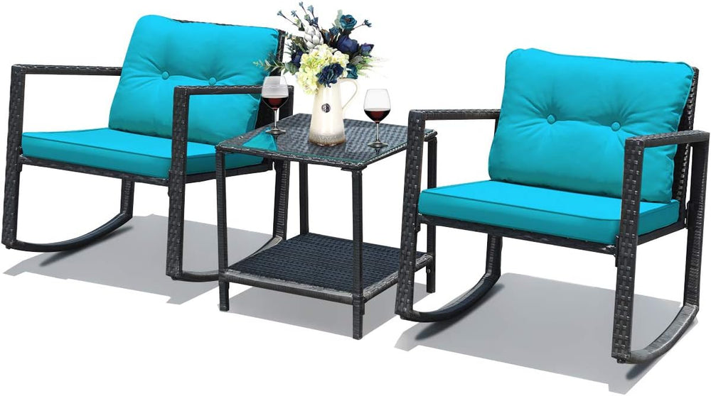 Tangkula 3-Piece Patio Rocking Bistro Set with Soft Cushions, Turquoise