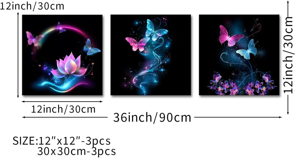 iKNOW FOTO Canvas Set of 3 Abstract Purple Butterfly Wall Art Flower Painting...