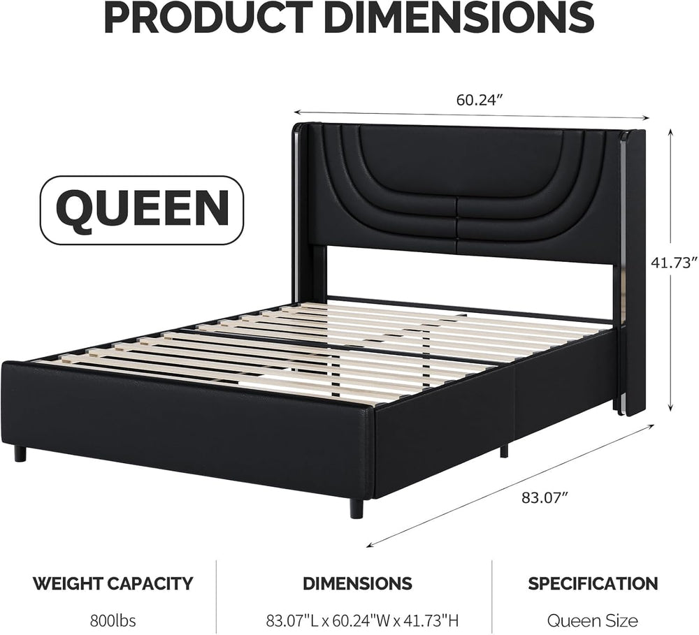 REVOMINCA Queen Size Bed Frame with LED Lights and Headboard,Black