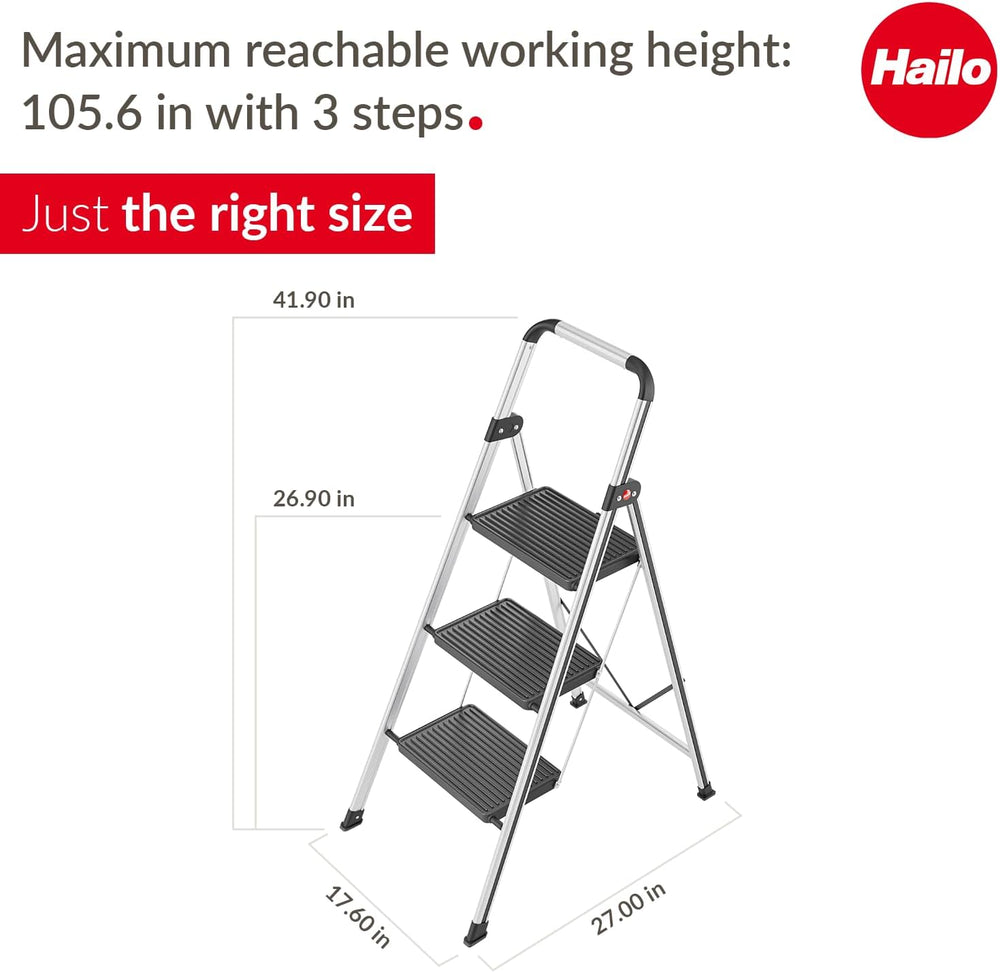 K71 Step Stool Black/Silver– 3-Step Folding Ladder with Aluminum Frame