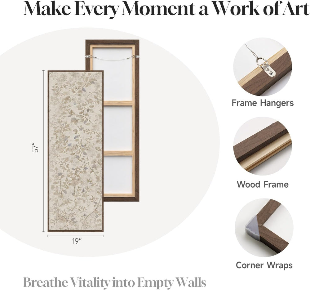 Framed Vertical Vintage Neutral Botanical Wall Art for Living Room, 60x20