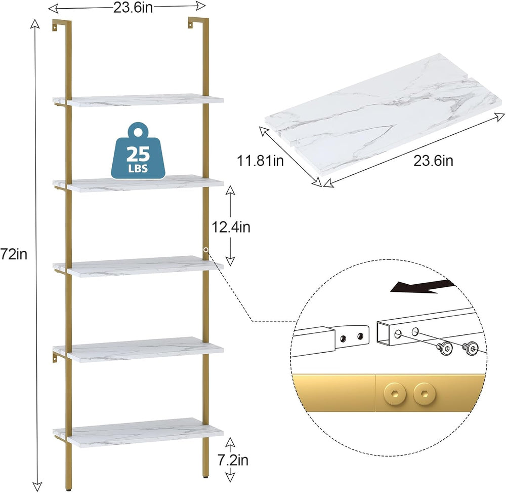 aboxoo Ladder Shelf 2PCS White Marble Bookshelf 5-Tier Wall-Mounted Wood Rack...