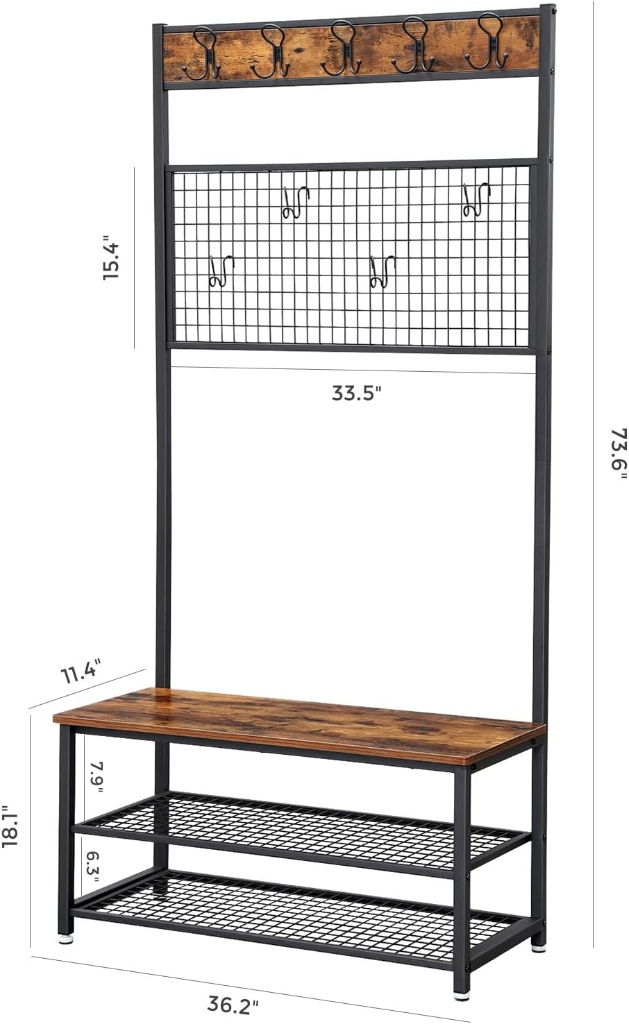 VASAGLE Coat Rack and Storage Bench, Hall Tree with 9 Hooks, Iron Frame