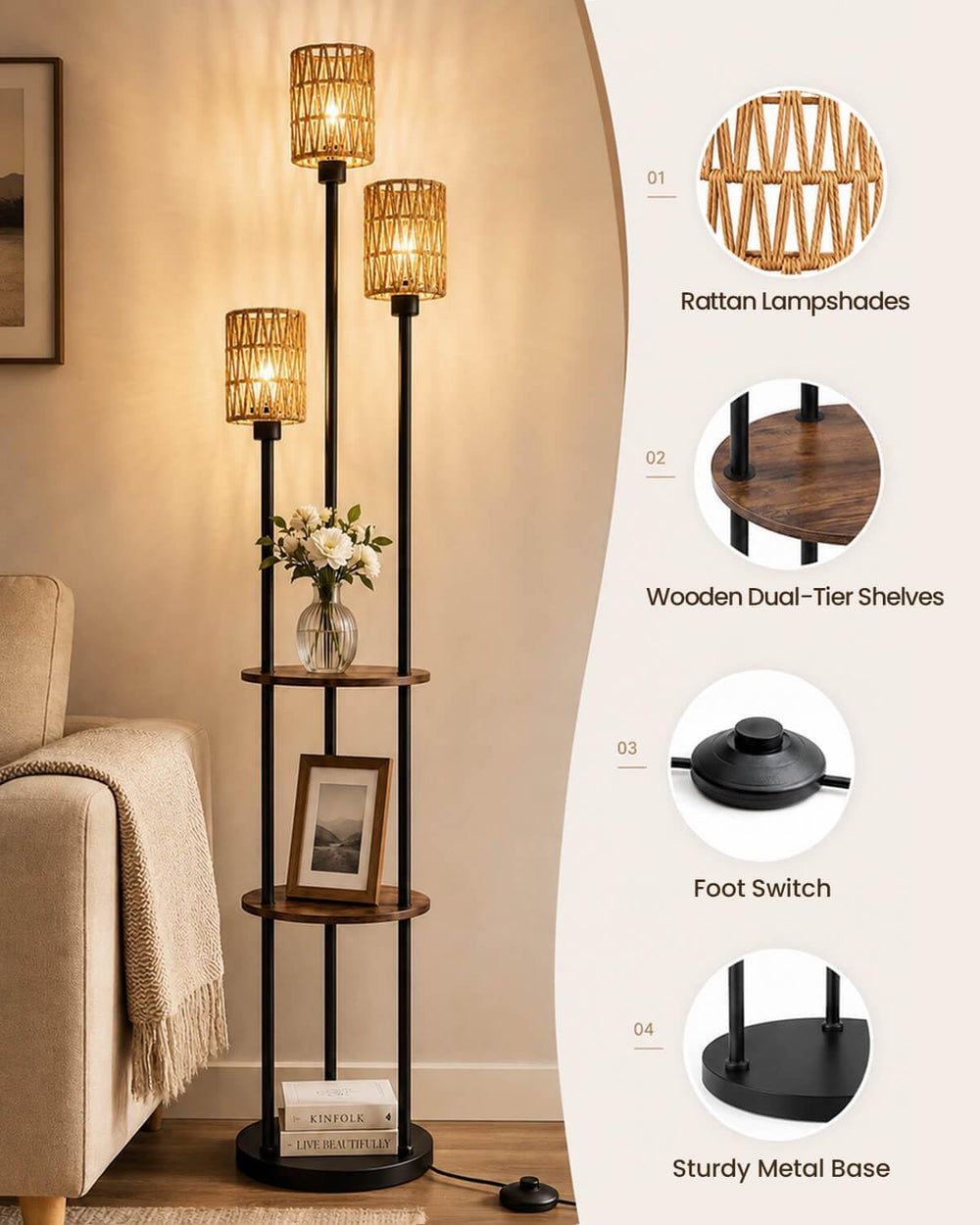 KIZON 71" Floor Lamp with Shelves and Rattan Shades, 3-Tier Standing Light