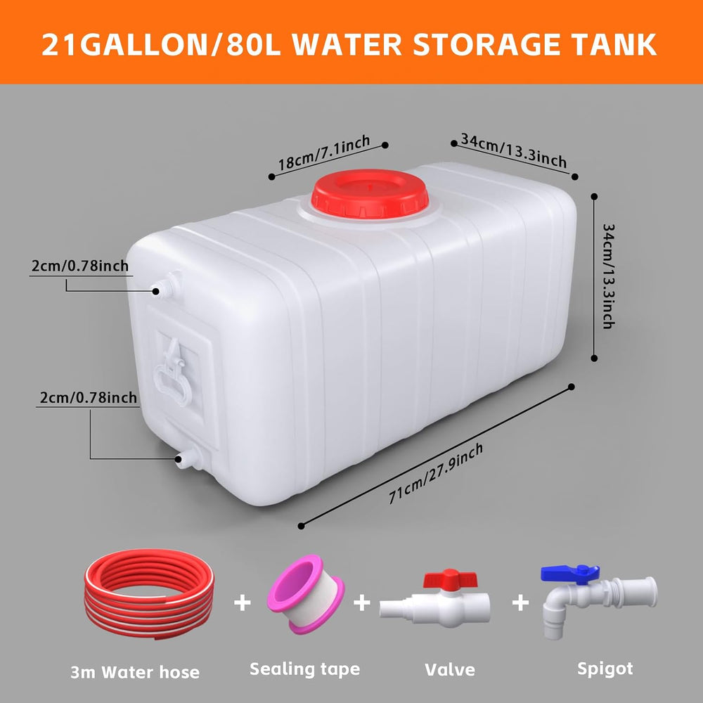 21Gallon/80L Water Storage Tank with Spigot,3m Hose and Control Vale