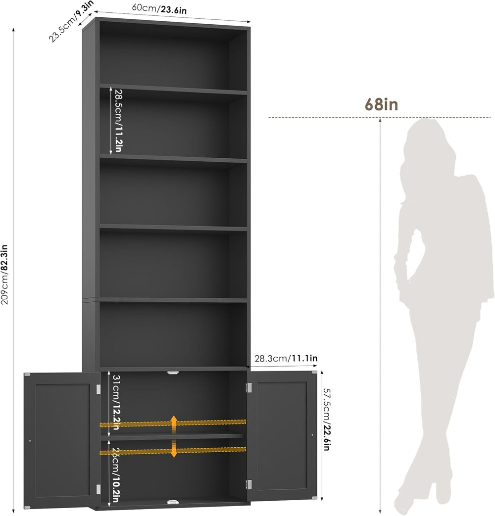 FACBOTALL 82" Tall Bookcase, Farmhouse Bookshelf with Doors, Black