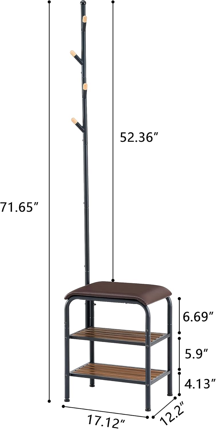 Gewudraw 3-in-1 Freestanding Coat Rack Stand with Shoe Bench for Entryway