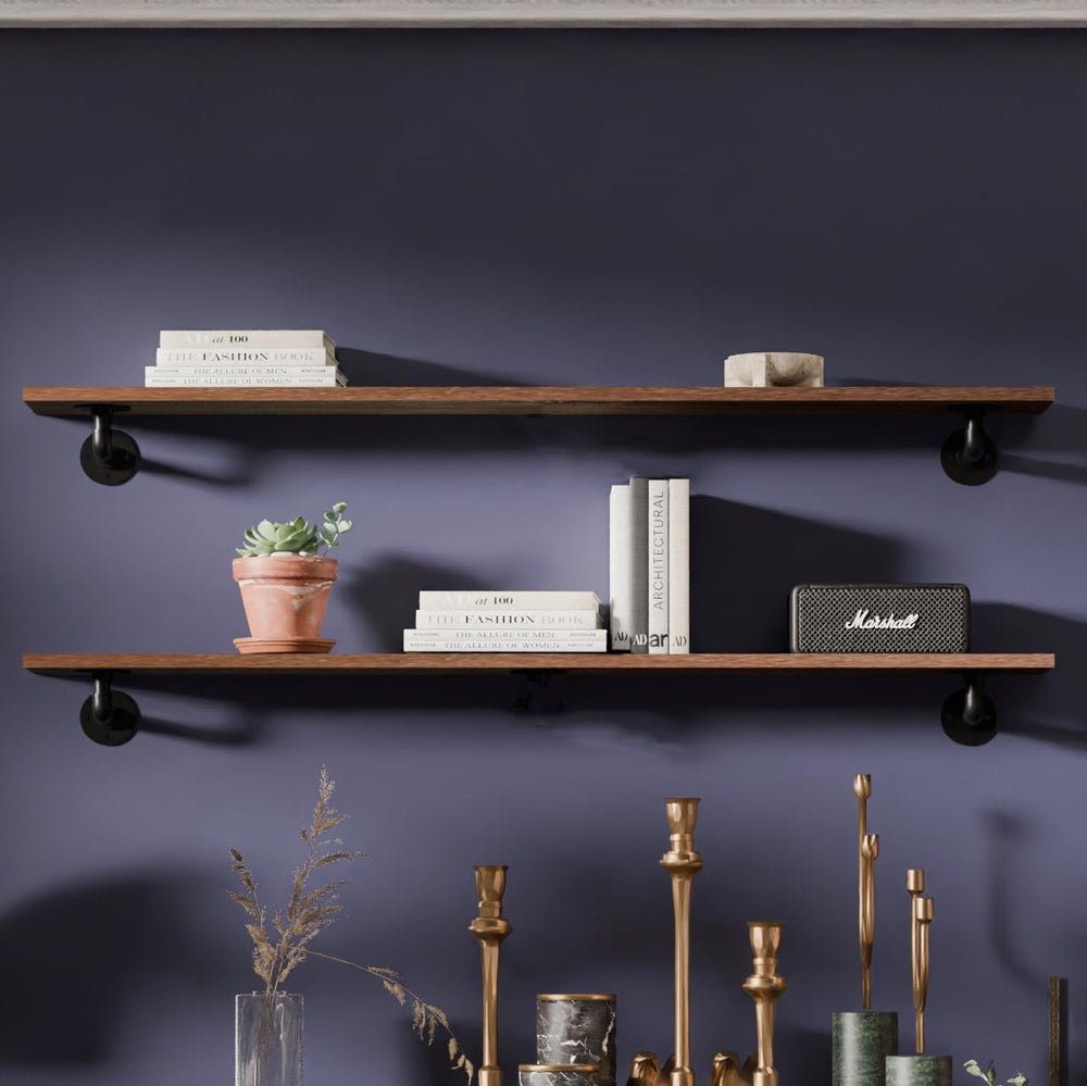 IEO Industrial Pipe Shelving 48 Inch, 2-Tier Walnut Wall Mounted Shelves