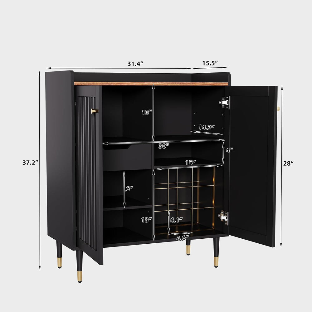 Fluted Coffee Bar Cabinet with Storage and Glass Holder, Black