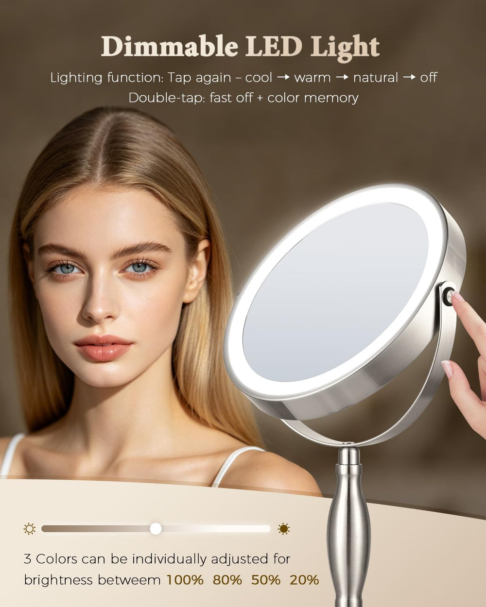 8"Makeup Mirror with Light–Brushed Nickel, 30X Magnifying/1X Double Sided