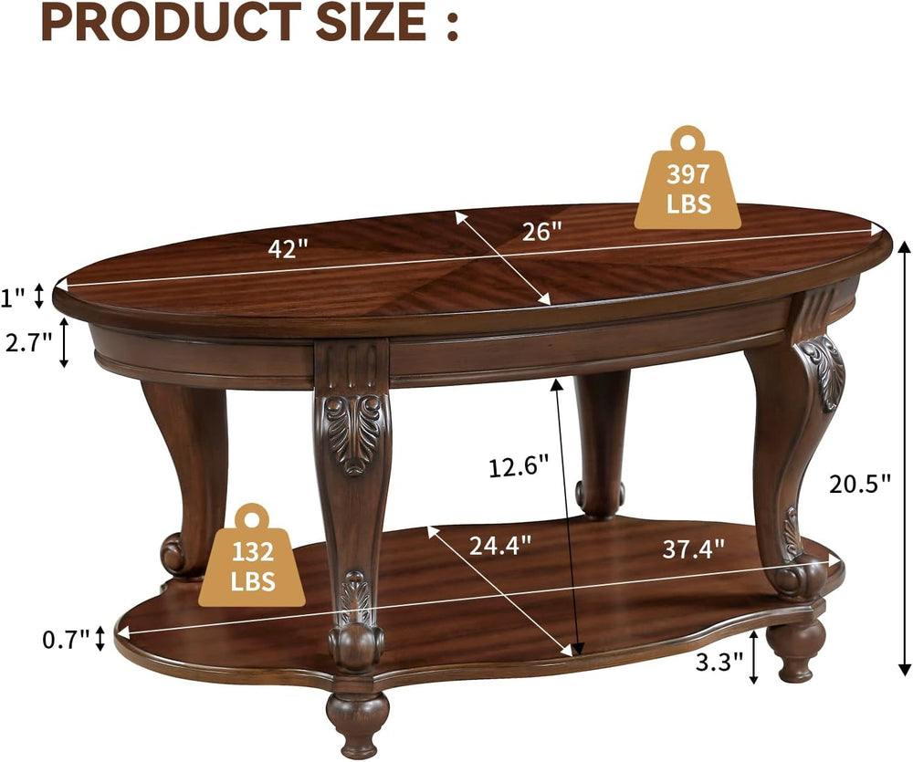 LKTART 42" Vintage Oval Coffee Table, 2 Tier with Storage Shelf, Cherry