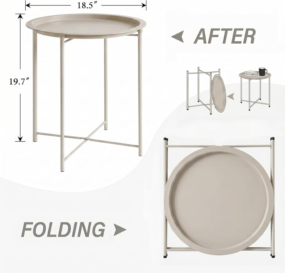 VECELO Side/End Table, Folding Round Metal Anti-Rust and Waterproof Outdoor o...