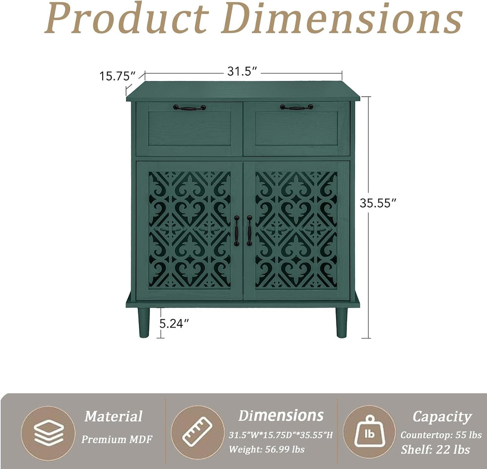 Green Buffet Sideboard Cabinet with 2 Doors 2 Drawers- Accent Cabinet with Ad...