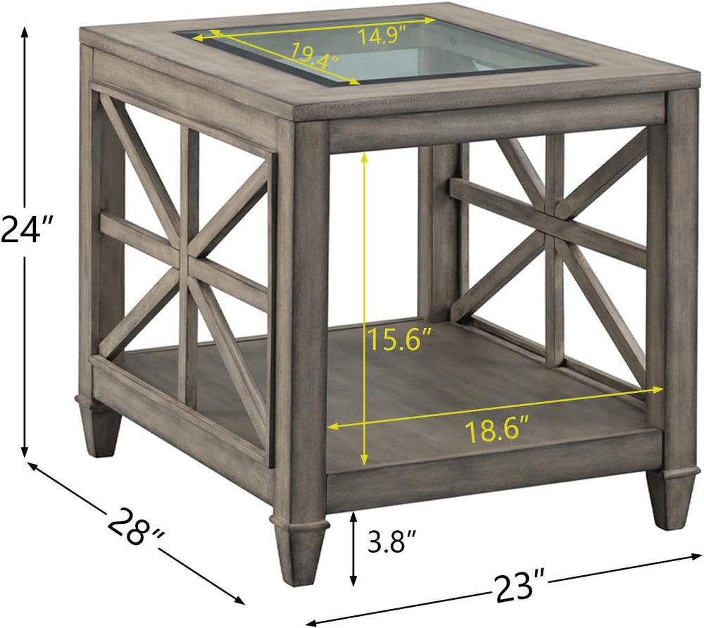 Large Solid Wood End Table with Tempered Glass Top, Antique Gray