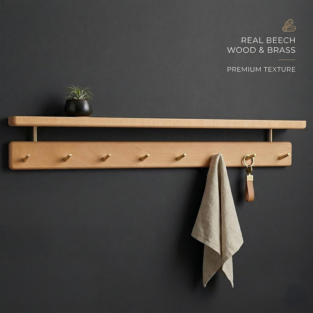 Beech Wood Coat Rack with Shelf, Wall Mounted Rack with 5 Hooks