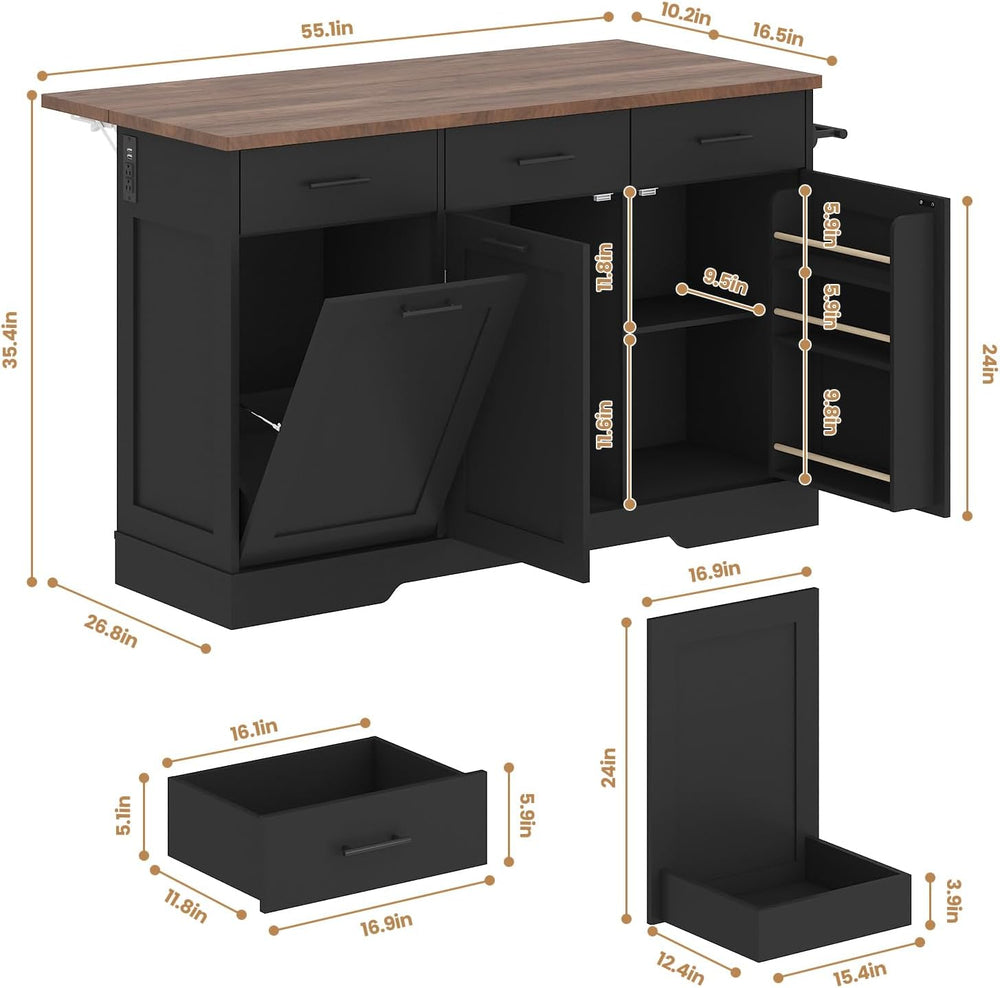 Kikihouse 55" Kitchen Island Table with Power Outlet & Drop Leaf, Black