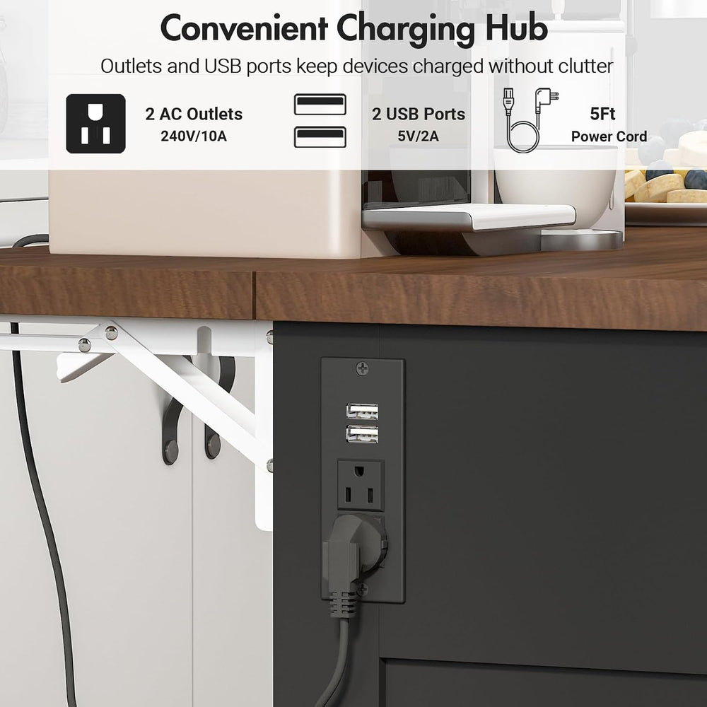 Kikihouse 55" Kitchen Island Table with Power Outlet & Drop Leaf, Black