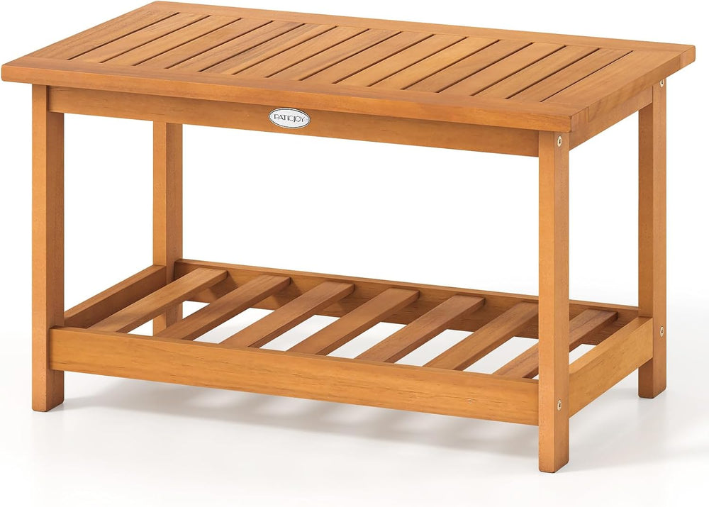 Tangkula Outdoor Acacia Wood Coffee Table, Patio 29.5” Rectangle Slatted 2 Ti...