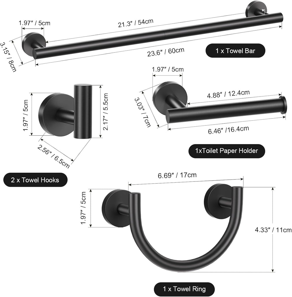 TURS Matte Black 5-Piece Bathroom Hardware Set Towel Bar Set 23.6inch Towel R...