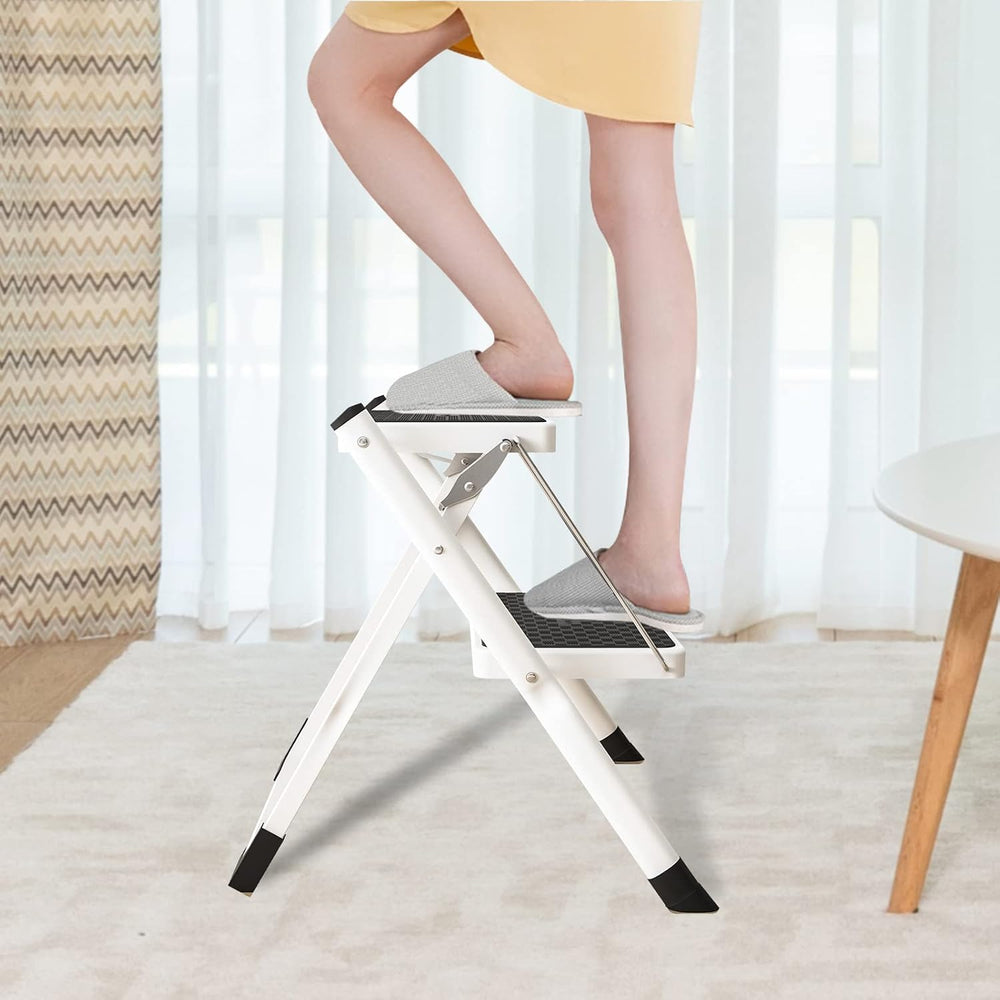 2 Step Ladder, Folding Metal Step Stool with Wide Anti-Slip Pedal