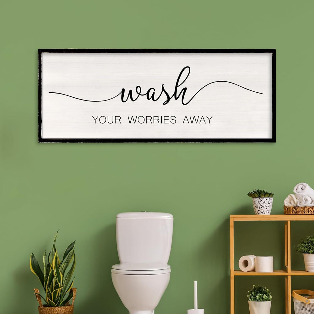 Wash Your Worries Away Bathroom Wall Decor, 40x15 Inch, Black