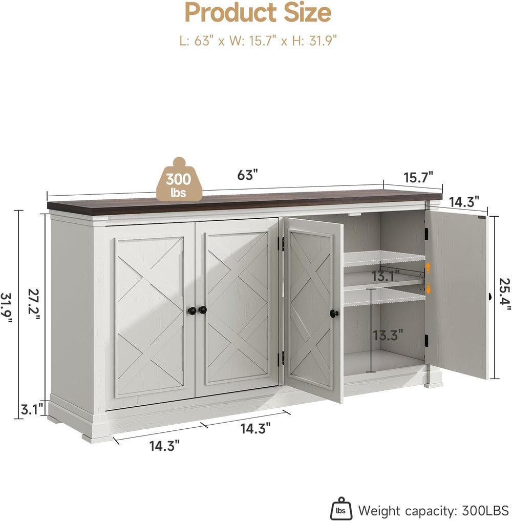 ONBRILL 63 Inch Buffet Cabinet with Storage, 4 Barn Doors, Off White