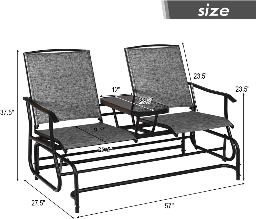 GIANTEX Patio Bench Glider Chair with Metal Frame, Center Tempered Glass Tabl...