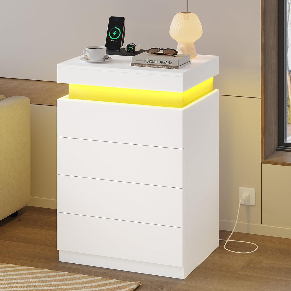 ADORNEVE White Nightstand with Drawers and LED Lights