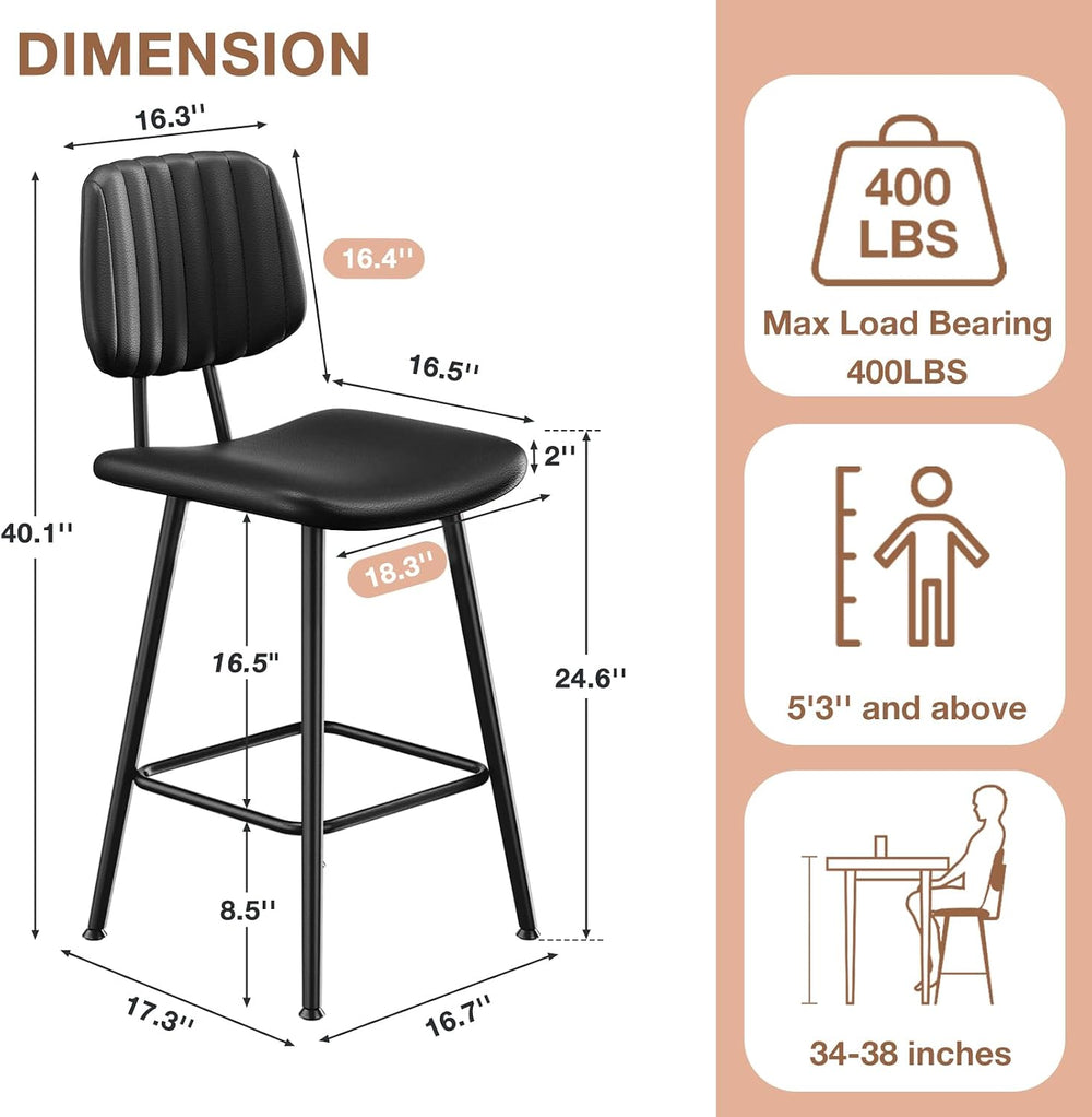 Raynesys 24-Inch Leather Bar Stools with High Backrest, Black
