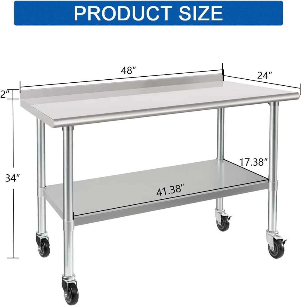 HARDURA Stainless Steel Table with Wheels 24X48 Inches, 2" Backsplash