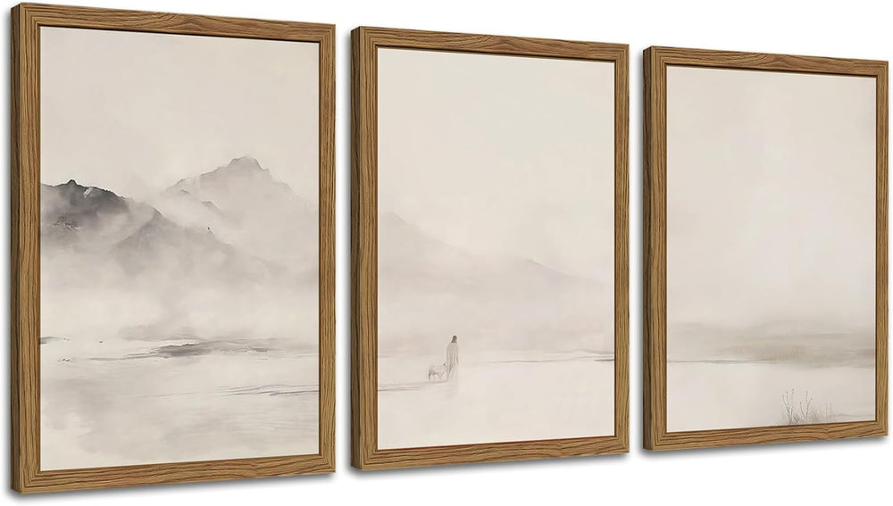 Framed Jesus Leaves the 99 Sheep Canvas Wall Art Set of 3, Neutral Christian ...