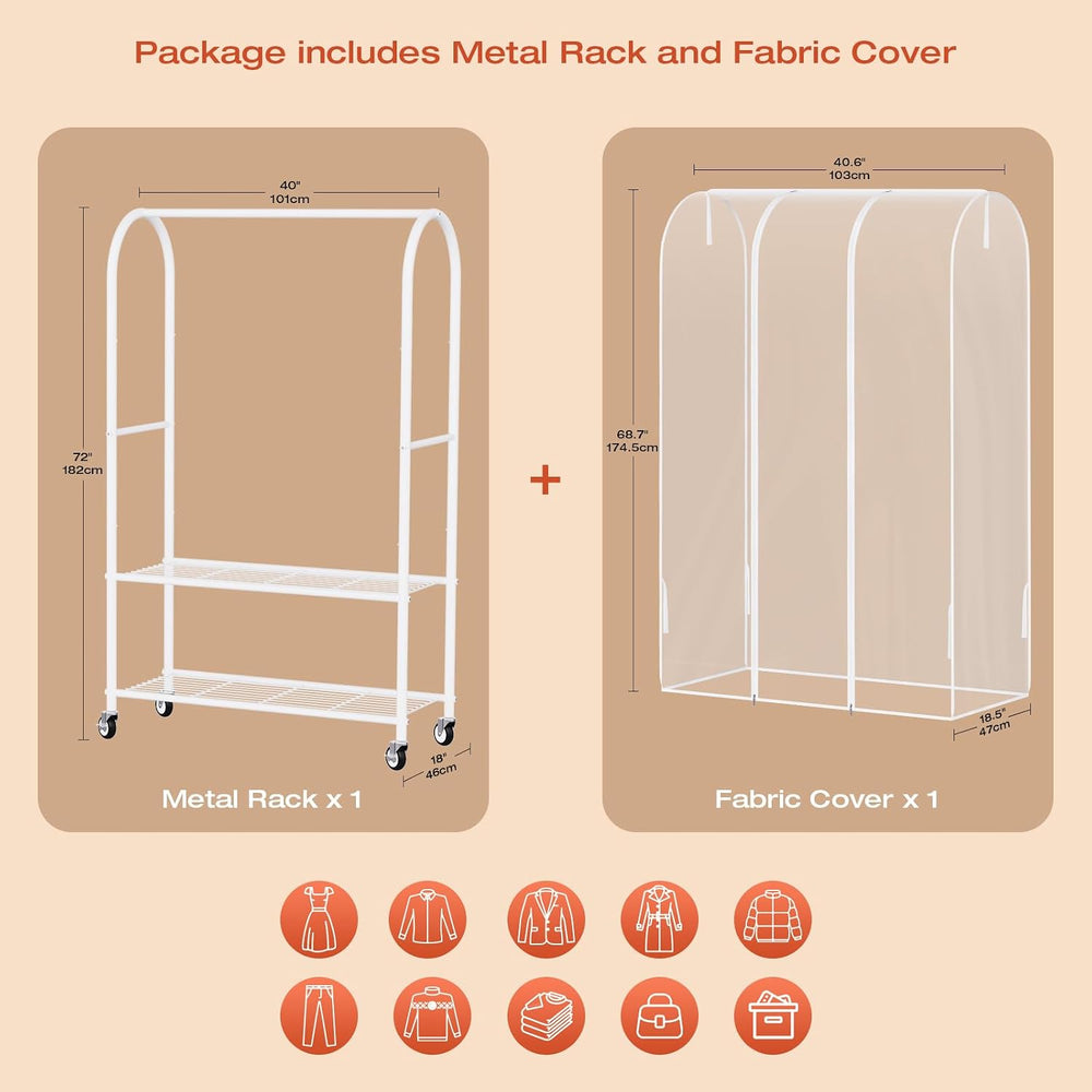Univivi Rolling Clothes Rack with Clear Dust Cover and Bottom Storage Shelf