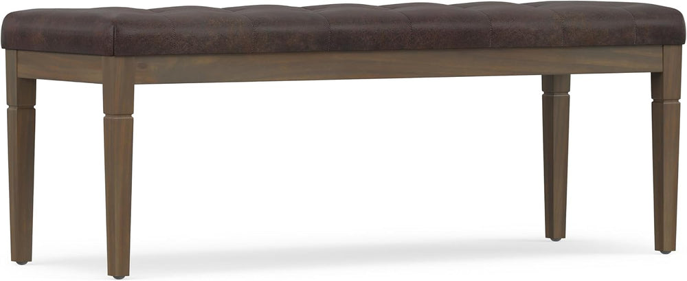 SIMPLIHOME Waverly 48" Wide Vegan Leather Rectangle Ottoman in Brown