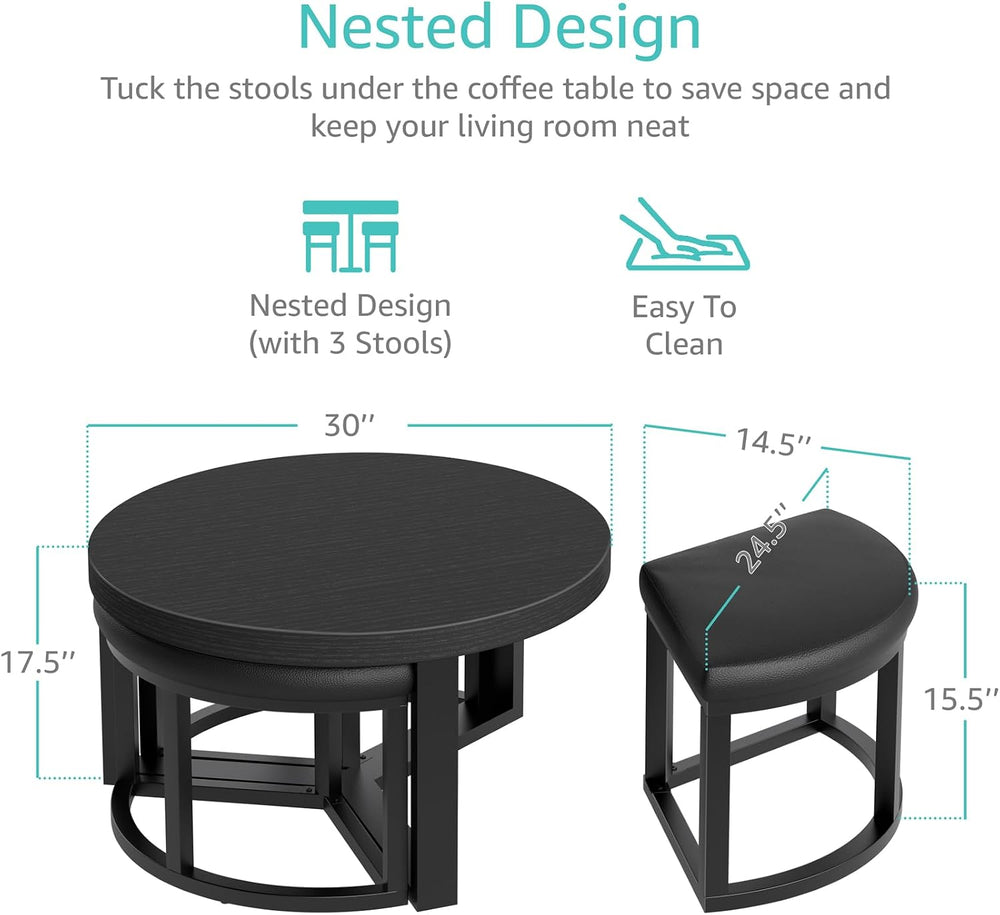 Round Coffee Table with Stools Underneath - 30 Inch Small Modern Tables Set w...