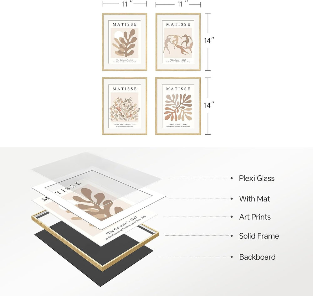 4 Piece Framed Matisse Abstract Neutral Botanical Wall Art, 11x14 Inch