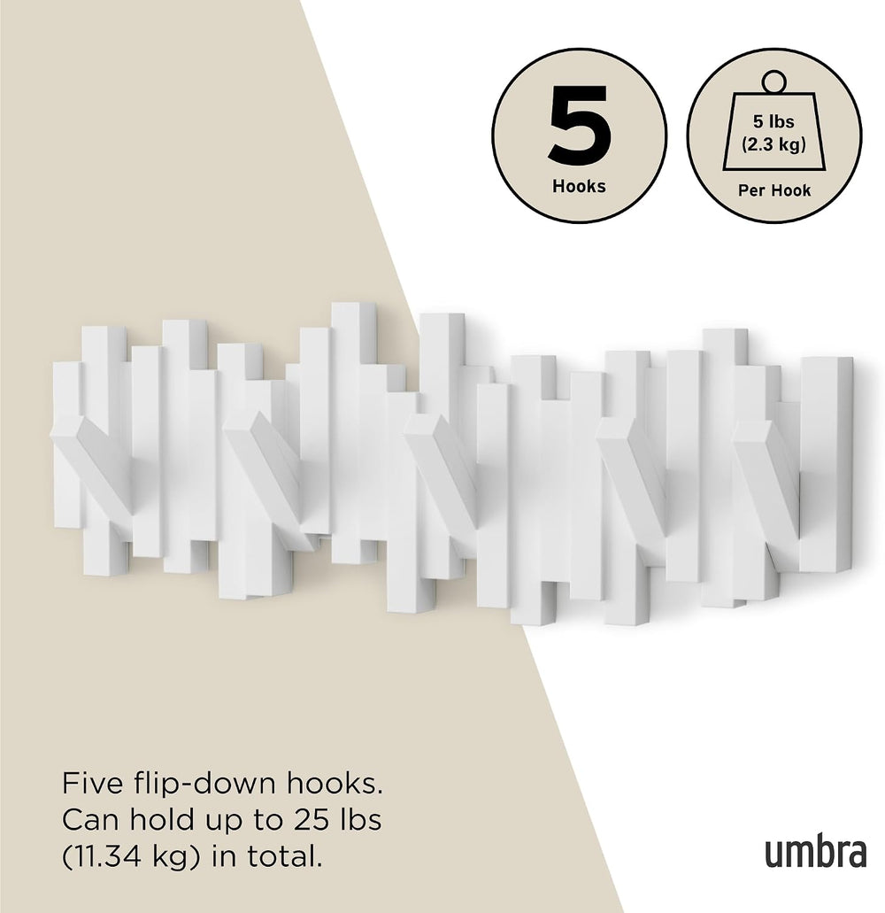 Umbra Sticks Wall Mount Coat Rack, 5 Hook Retractable Pegs, White