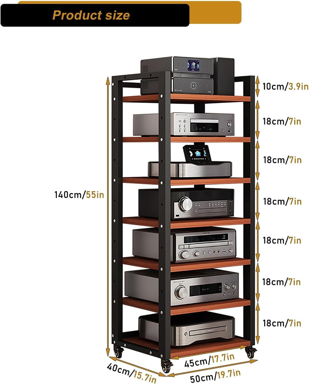 7 Tier AV Media Stand, 55in Audio Rack Tower Stereo Components Cabinet