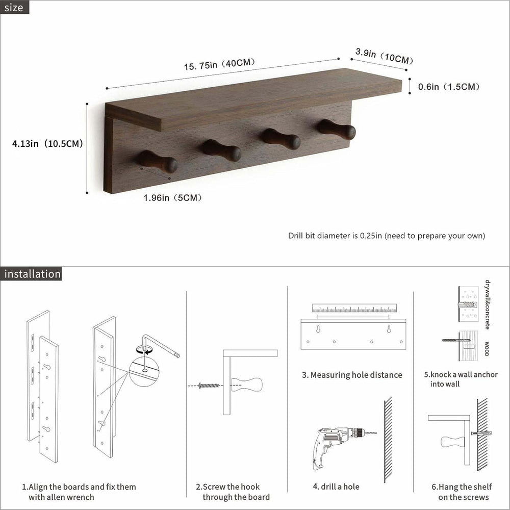 Entrance Coat Rack ,Coat Hooks, Wall-Mounted Wooden Hook Rack, Wall-Mounted S...