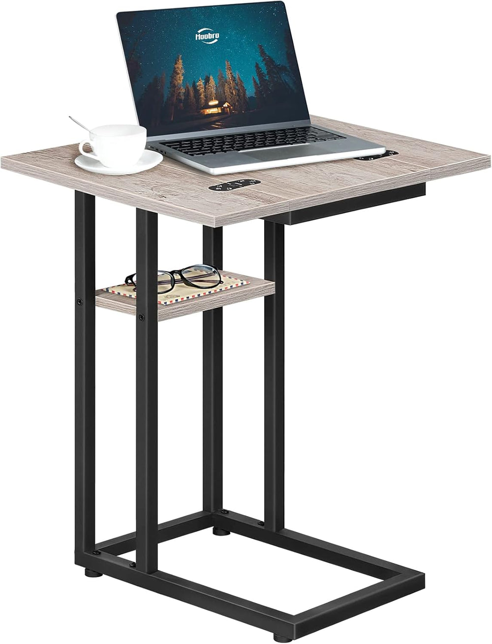 HOOBRO Foldable C Shaped End Table, C Shaped Side Table with Storage Shelf